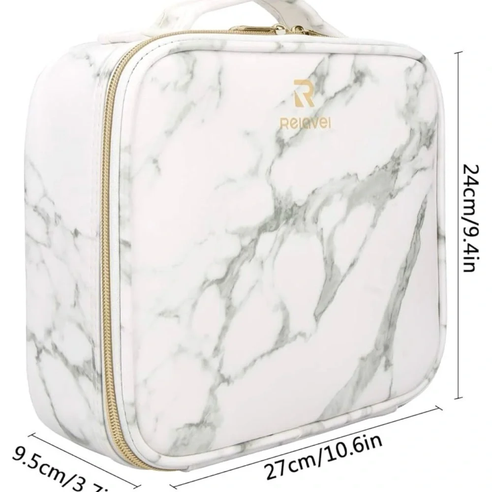 Relavel Marble Makeup Bag White Gray Zipper Handle Adjustable Compartment